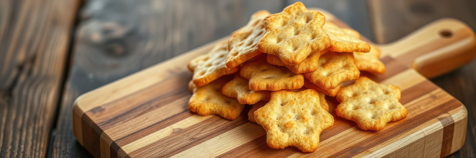 Crunchy star-shaped crackers stacked on a wooden cutting board with rustic background
